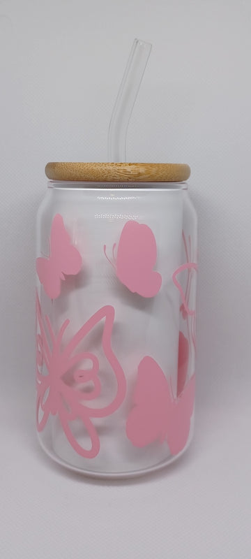 Pink Butterflies 12oz Glass Iced Coffee Cup