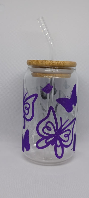 Purple Butterflies 12oz. Glass Iced Coffee Cup with Bamboo lid